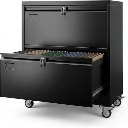 Aobabo 2 Drawer Lateral File Cabinet with 4 Detachable Wheels,Steel Filing Storage with Independent Locks and Index Card Holders for Home Office, 15.87" D x 28.94" W x 34" H, Black,Required Assembly