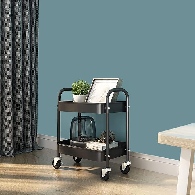Melody House 2 Tier All-Metal Rolling Storage Cart with Handle and Locking Wheels - Kitchen, Laundry, Office, Bathroom Organizer, Black