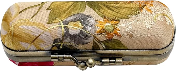 MIAO JIN Lipstick Case with Mirror Lipstick Holder Storage Bag Kiss Lock of Iron Mini Portable Vintage Floral Pattern Jewelry Cosmetic Case (Yellow)