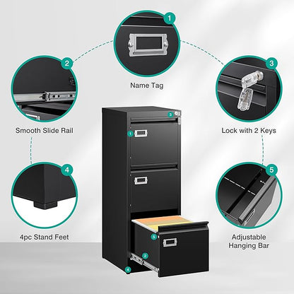 SISESOL 3 Drawer File Cabinet with Lock and Tag,Narrow Three Drawer Filing Cabinet,Vertical Metal File Cabinets,Small Black Filing Cabinets for Home Office Fit Letter/A4/Legal Size File,Easy Assembly
