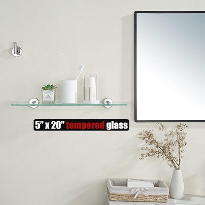 JQK Bathroom Glass Shelf Chrome, Tempered Glass Shower Storage 20 by 5 inches, 304 Stainless Steel Polished Chrome Wall Mount, TGS101L20-CH