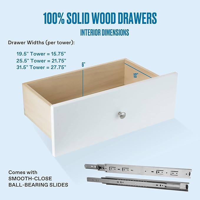 MC Modular Closets Closet Shelves Tower - Modular Closet System with 2 Drawers - Corner Closet System - Closet Organizers and Storage Shelves (White, 25.5 Inches Wide)