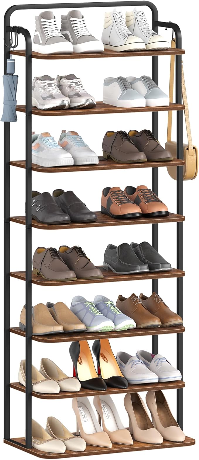 8 Tiers Widened Vertical Shoe Rack, Narrow Shoe Tower, Tall Shoes Shelf with 2 Hooks, Adjustable Shelves, Corner Shoes Shelves for Small Spaces, Entryway, Living Room, Rustic Brown SR12501B