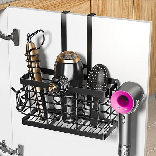 Hair Tool Organizer, 2026 Upgraded 3-in-1 Universal Hair Dryer Holder, Adjustable Height Metal Blow Dryer Holder Wall Mounted/Over Cabinet Door/Free-Standing (Black)