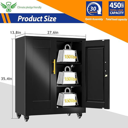 Metal Storage Cabinet with Lock and Wheels, Steel Tool Cabinet with 2 Door and 2 Adjustable Shelves, 35” Tall Lockable File Cabinet, Garage Cabinet, Rolling Cabinet for Home Office - Black