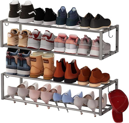 2 Pack Expandable Wall Mounted Shoe Rack, 17"-31" Adjustable Hanging Shoe Rack Holds 16 Pairs, Heavy Duty Metal Shoe Holder with 4 Storage Hooks, Space Saving for Entryway Closet Doorway（Grey）
