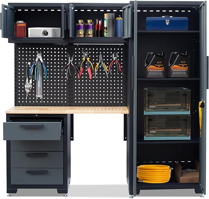 Garage Storage Cabinet System 7-Pcs Workshop Set Garage Cabinets and Storage System with Steel Cabinet Drawers, Workbench, Pegboard for Tool Organization