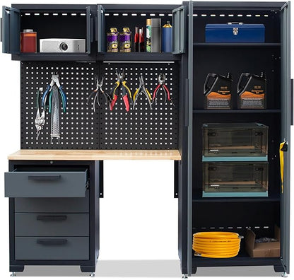 Garage Storage Cabinet System 7-Pcs Workshop Set Garage Cabinets and Storage System with Steel Cabinet Drawers, Workbench, Pegboard for Tool Organization