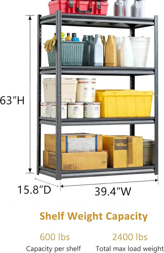 40" W Heavy Duty 4-Tier Adjustable Black Metal Garage Shelving Unit – Ideal for Garage, Basement, Pantry & Warehouse, Storage Shelves, 2400LBS, 16" D x 63" H, Black