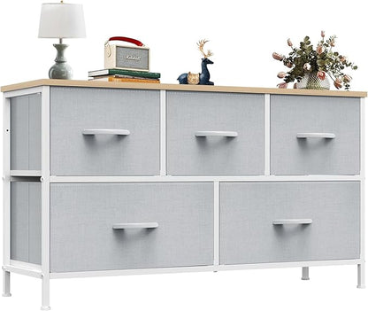 OLIXIS Dresser for Bedroom with 5 Drawers, Wide Chest of Drawers, Fabric Bedroom Dresser with Drawer Organizer, Storage Organizer Unit with Fabric Bins for Closet, Living Room, Hallway, Light Grey