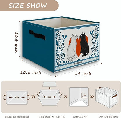 Valentine's Day Cat Toy Basket Foldable Storage Bins Box with Handles, Witchy the Lovers Tarot Card Cats Blue Collapsible Organizer Basket for Bedroom Bathroom Kids Room Clothes Toys Books