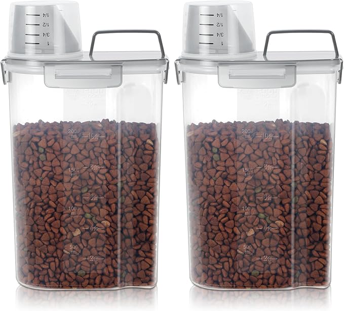Airtight Small Cat Dog Pet Food Storage Containers BPA Free, with Large Pour Spout/1 Measuring Cup/ 4 Safety Locks and Double-layer Silicone Strip (Clear Grey x 2, 3L-2pack)