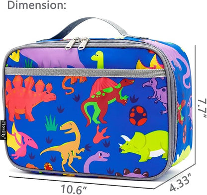FlowFly Kids Lunch box Insulated Soft Bag Mini Cooler Back to School Thermal Meal Tote Kit for Girls, Boys, Dinosaur
