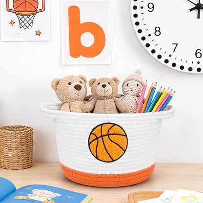 Basketball Storage Basket, Woven Basket with Handle Small Laundry Basket Organizer for Baby Shower, Blanket, Shelf, Cat Dog Toy Organizer, Gifts Empty, 9"x7" Baskets for Organizing