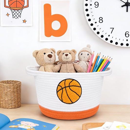 Basketball Storage Basket, Woven Basket with Handle Small Laundry Basket Organizer for Baby Shower, Blanket, Shelf, Cat Dog Toy Organizer, Gifts Empty, 9"x7" Baskets for Organizing