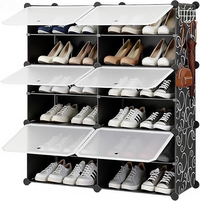 DUMOS Shoe Rack Organizer, 6-Tier Shoe Storage Cabinet with Door, Stackable Plastic Shoe Shelves Organize for Closet,Entryway,Hallway,Bedroom, 24 Pairs, Black