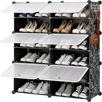 DUMOS Shoe Rack Organizer, 6-Tier Shoe Storage Cabinet with Door, Stackable Plastic Shoe Shelves Organize for Closet,Entryway,Hallway,Bedroom, 24 Pairs, Black