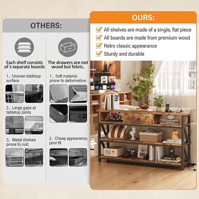 Mexin Console Table with Outlets and USB Ports, Entryway Table with Drawer Storage Shelves, Industrial Wood Hallway Sofa Table for Living Room, Couch, Foyer, Kitchen Counter, 39 Inch, Vintage Brown