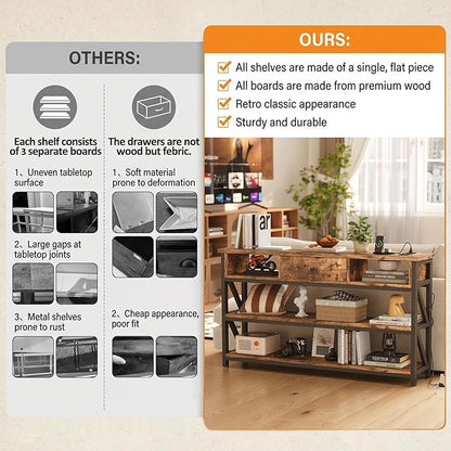 Mexin Console Table with Outlets and USB Ports, Entryway Table with Drawer Storage Shelves, Industrial Wood Hallway Sofa Table for Living Room, Couch, Foyer, Kitchen Counter, 39 Inch, Vintage Brown