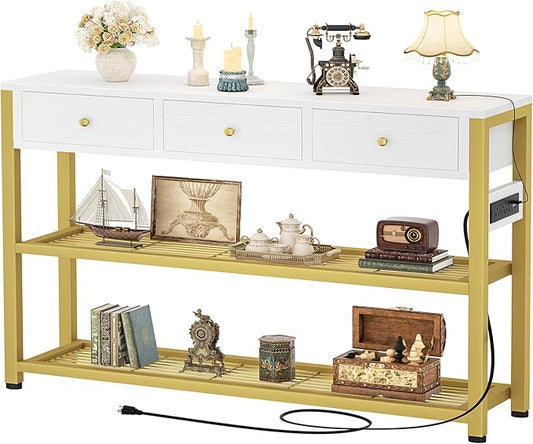 Ecoprsio 47'' Entryway Table with Outlets and USB Ports, Console Table with 3 Drawers, Sofa Table Narrow Long with Storage Shelves for Living Room, Couch, Hallway, Foyer, White and Golden