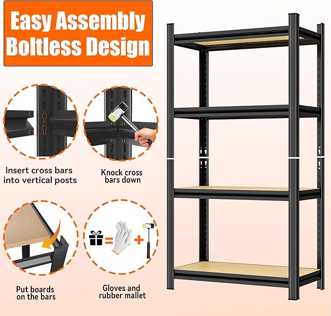 Garage Shelving Unit, Heavy Duty Adjustable Storage Shelves, Metal & Wood Pantry Shelf Organizer, 2000 lbs Capacity Shelves for Heavy Tools and Equipment, 4Tier-23.6" Wx x11.8 Dx x45.7 H