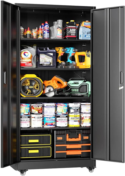 Greenvelly Metal Garage Storage Cabinet with Wheels, Black 73" Rolling Metal Cabinet with Locking Doors and Adjustable Shelves, Tool Organization with Wheels for Home,Kitchen,Office