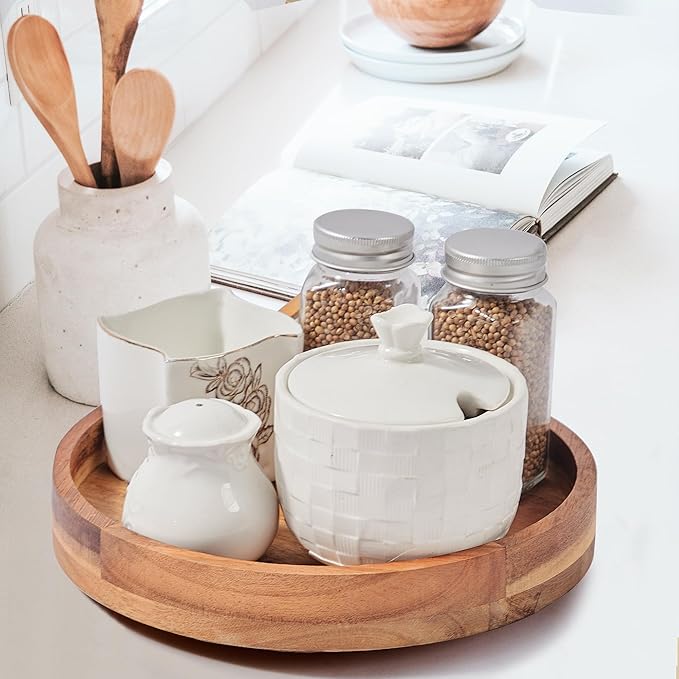 9 Inch Acacia Wood Lazy Susan Organizer for Cabinet, Lazy Susan Turntable for Countertop Table Pantry, Kitchen Turntable Storege