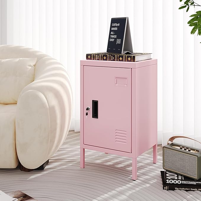 24.4" H Metal Locker Storage Cabinet with Adjustable Shelf, 1 Door Small Storage Cabinet with Adjustable Leveling Foot for Home,Office, Kids Locker,Assembly Required,Pink