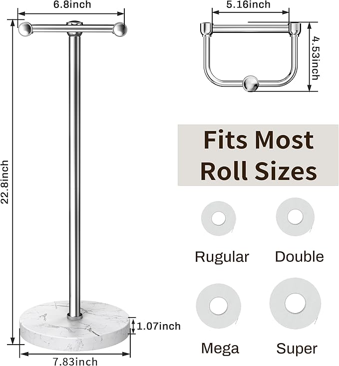 Toilet Paper Holder Stand, Bathroom Free Standing Toilet Paper Stand with Modern Marble Base, Post Pivoting Toilet Paper Stand with Stainless Steel Tissue Rack, Rust-Proof & Heavy Base(Chrome)