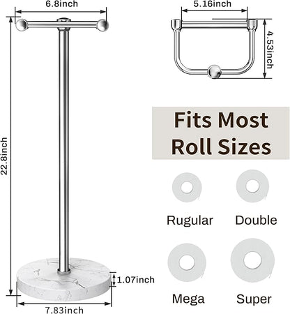 Toilet Paper Holder Stand, Bathroom Free Standing Toilet Paper Stand with Modern Marble Base, Post Pivoting Toilet Paper Stand with Stainless Steel Tissue Rack, Rust-Proof & Heavy Base(Chrome)