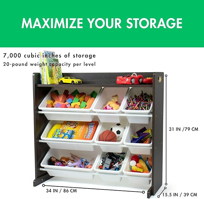 Humble Crew Toy Storage Organizer with Top Shelf and 9 Removable Bins, Espresso/White – Toddler Bookshelf with Toy Organizer - Modern Toy Rack Ideal for Kids' Rooms, Playrooms, and Nurseries