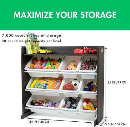 Humble Crew Toy Storage Organizer with Top Shelf and 9 Removable Bins, Espresso/White – Toddler Bookshelf with Toy Organizer - Modern Toy Rack Ideal for Kids' Rooms, Playrooms, and Nurseries