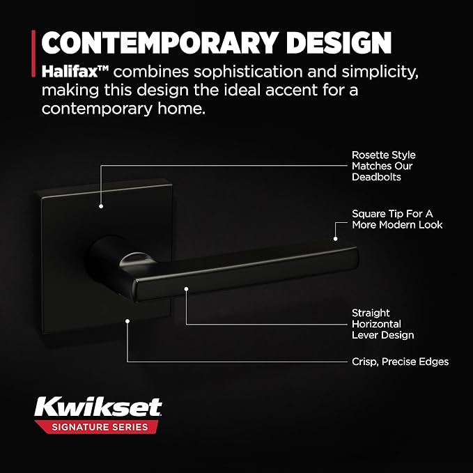 Kwikset Halifax Interior Passage Door Handle, Lever For Closet and Hallway Doors, Reversible Non-Locking Handle Lever, Matte Black, with Microban Protection, Square Rose