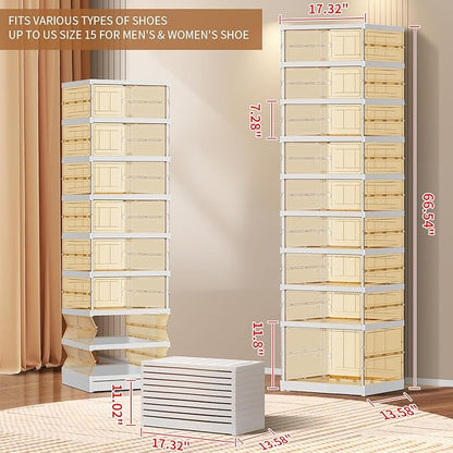 9-Tier Foldable Shoe Rack for Closet Entryway 9-18Pairs,Stackable Clear Shoe Storage Boxes Organizer with Door Plastic Small Shoe Cabinet Bins with Lids Narrow Shoe Shelf Easy Assembly