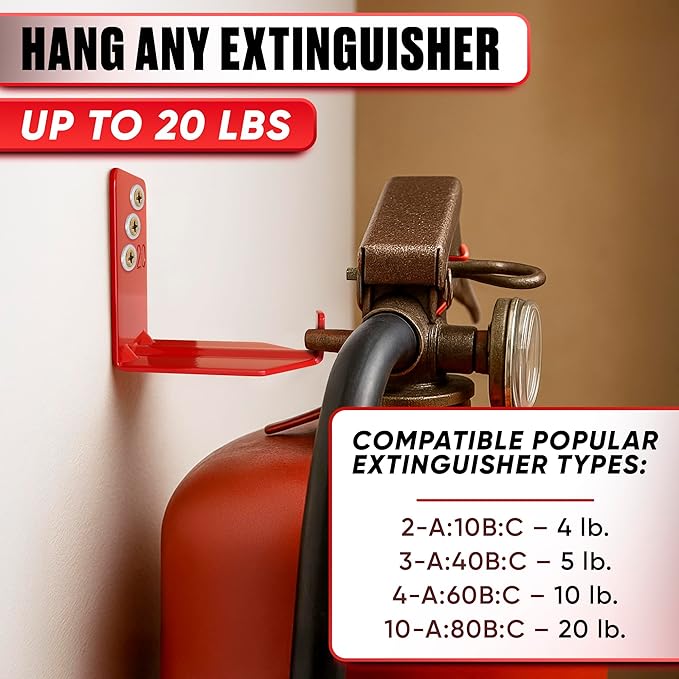 Fire Extinguisher Mount Brackets Set of 4, Heavy Duty Wall Mount Hook 2.36 x 1.57 x 2.36 in, Screws Anchors and Gaskets, Quick Install Holder, Supports up to 20 lb for Garage Workshop Home Cabinet Use