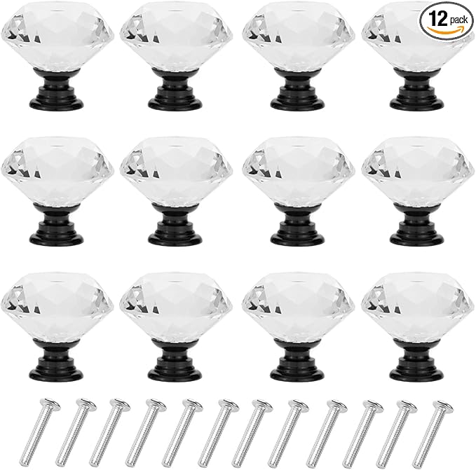 YourGift 12 Pack Drawer Knobs Diamond Shaped Crystal Glass 40mm Cabinet Knobs Pull Handles (40 mm, 12 Pack, Black)