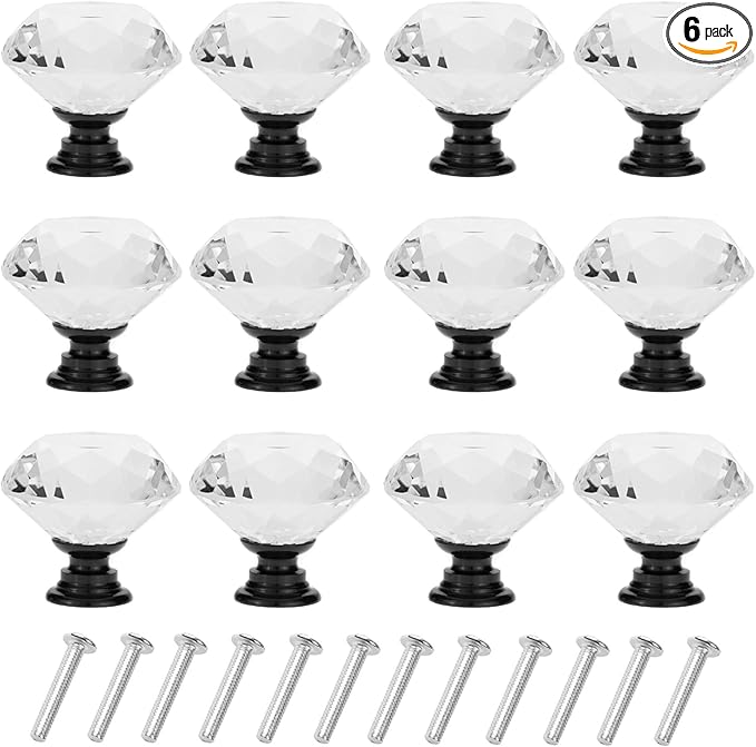 YourGift 6 Pack Drawer Knobs Diamond Shaped Crystal Glass 30mm Cabinet Knobs Pull Handles (30 mm, 6 Pack, Black)