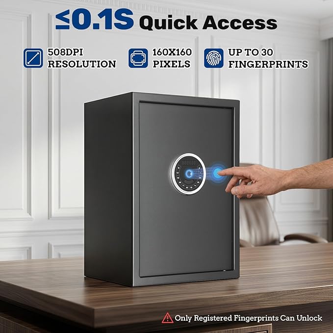 BlackSmith Home Biometric Safe 2.0 Cubic Feet Auto-Open Large Fingerprint Safe with Touchscreen Keypad Triple Alarm Security Safe Removable Shelf for Documents, Jewelry & Valuables
