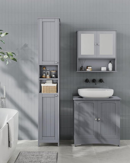 VASAGLE Tall Storage Cabinet with Lights, Slim Freestanding Cabinet with Adjustable Shelves, for Small Spaces, Bathroom, Living Room, Modern, 11.8 Inches Wide, Dove Gray UBBC566G02