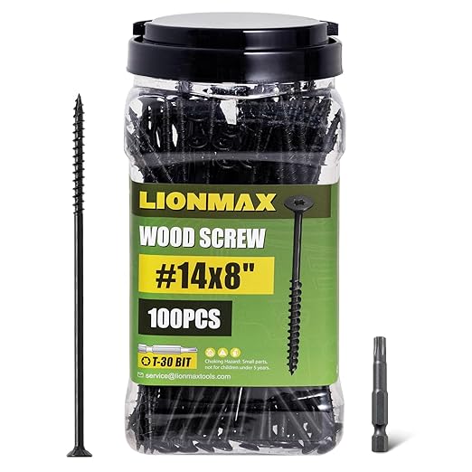 LIONMAX Deck Screws #14 x 8 Inch, 100 PCS, Black Long Wood Screw, Rust Resistant, Exterior Epoxy Coated for Outdoor Decking, Torx/Star Drive Head, T30 Star Bit Included