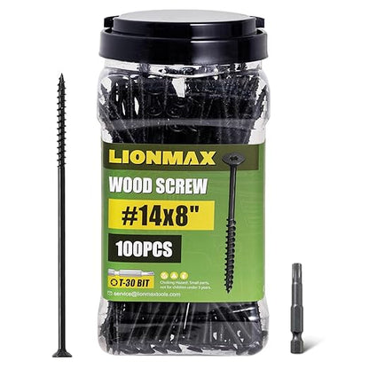 LIONMAX Deck Screws #14 x 8 Inch, 100 PCS, Black Long Wood Screw, Rust Resistant, Exterior Epoxy Coated for Outdoor Decking, Torx/Star Drive Head, T30 Star Bit Included