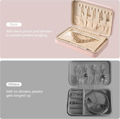 Lolalet Travel Jewelry Case for Women Girls, Travel Jewelry Organizer Box with Mirror & Clear Storage Bag, Small Portable Earring Necklace Bracelet Ring Case, Birthday Valentine Gifts -Large, Pink