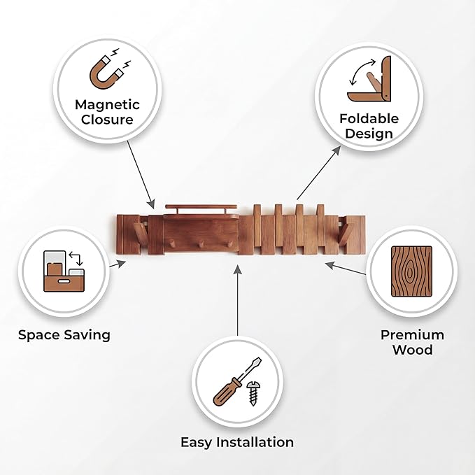 Mid Century Modern Walnut Foldable Entryway Wall Coat Hanger Hook with Shelf,Heavy Duty Wooden Piano Hidden Towel Hooks for Bathroom,Wall Rack for Purse&Key&Mail,Home Decor (Walnut, 9 Hooks)