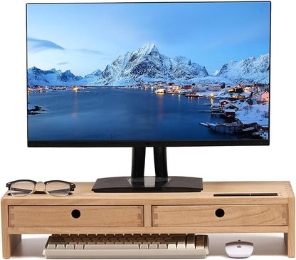 KIRIGEN Wood Monitor Stand with 2 Drawers - Computer Arm Riser Desk Storage Organizer,Speaker TV Laptop Printer Stand with Pen Slot and Cable Management,2-Tier Desktop Shelf NA-2PMJ