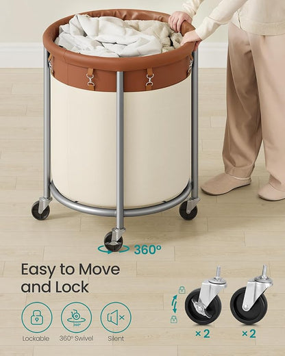 SONGMICS 50.2-Gallon (190 L) Laundry Basket with Wheels, Rolling Round Heavy-Duty Laundry Hamper Cart with Steel Frame and Removable Bag, 2 Locking Wheels, Coffee Brown and Cream White URLS001KQ02