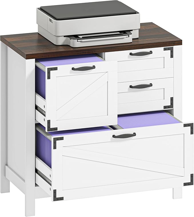 HOMCOM 4 Drawer File Cabinet, Farmhouse Lateral Filing Cabinet with Adjustable Hanging Rails for Letter/A4/Legal Size Files, Printer Stand for Home Office, White