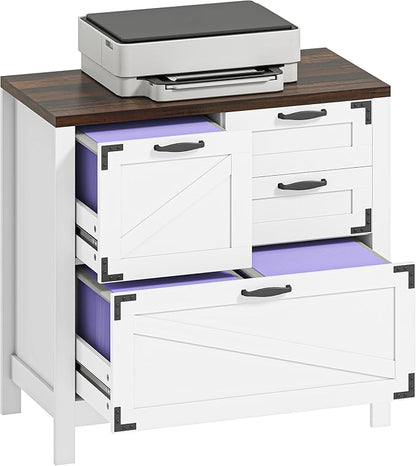 HOMCOM 4 Drawer File Cabinet, Farmhouse Lateral Filing Cabinet with Adjustable Hanging Rails for Letter/A4/Legal Size Files, Printer Stand for Home Office, White