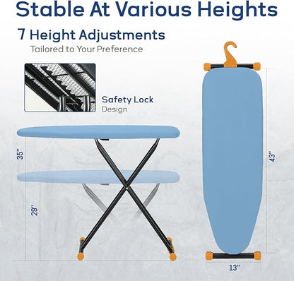 Compact Ironing Board Full Size 43x13 with Extra Thick Padded Cover, Height Adjustable Iron Board with Hanger, Easy to Fold Space Saver Design for Dorm Apartment Small Laundry Rooms, Blue