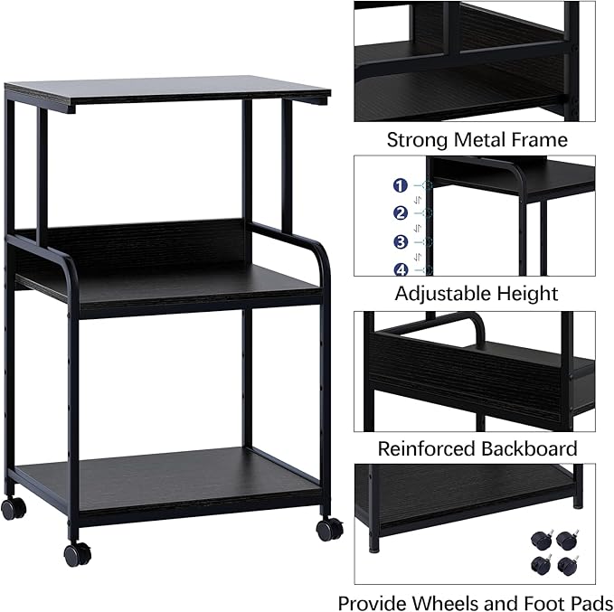 Printer Stand with Storage Shelf,3 Tier Printer Cart with Wheels,Mobile Printer Table for Home Office,Stands for Heat Press Scanner Fax,Industrial Style (Black)