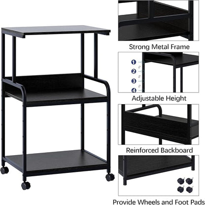 Printer Stand with Storage Shelf,3 Tier Printer Cart with Wheels,Mobile Printer Table for Home Office,Stands for Heat Press Scanner Fax,Industrial Style (Black)
